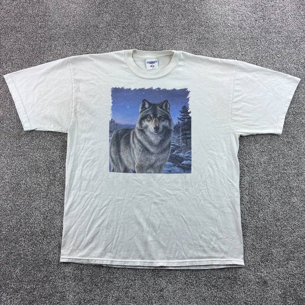 Vintage Wolf Shirt Mens XL Cream Cotton Blend Nature Lone Wolf Animals 90s